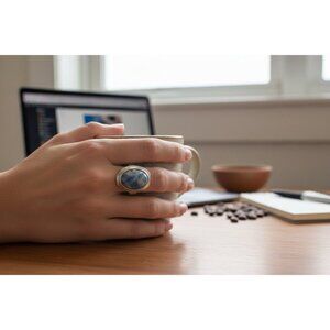 925 Sterling Silver Sodalite Statement Ring Size 8.5 Oval Blue White Cabochon Bo